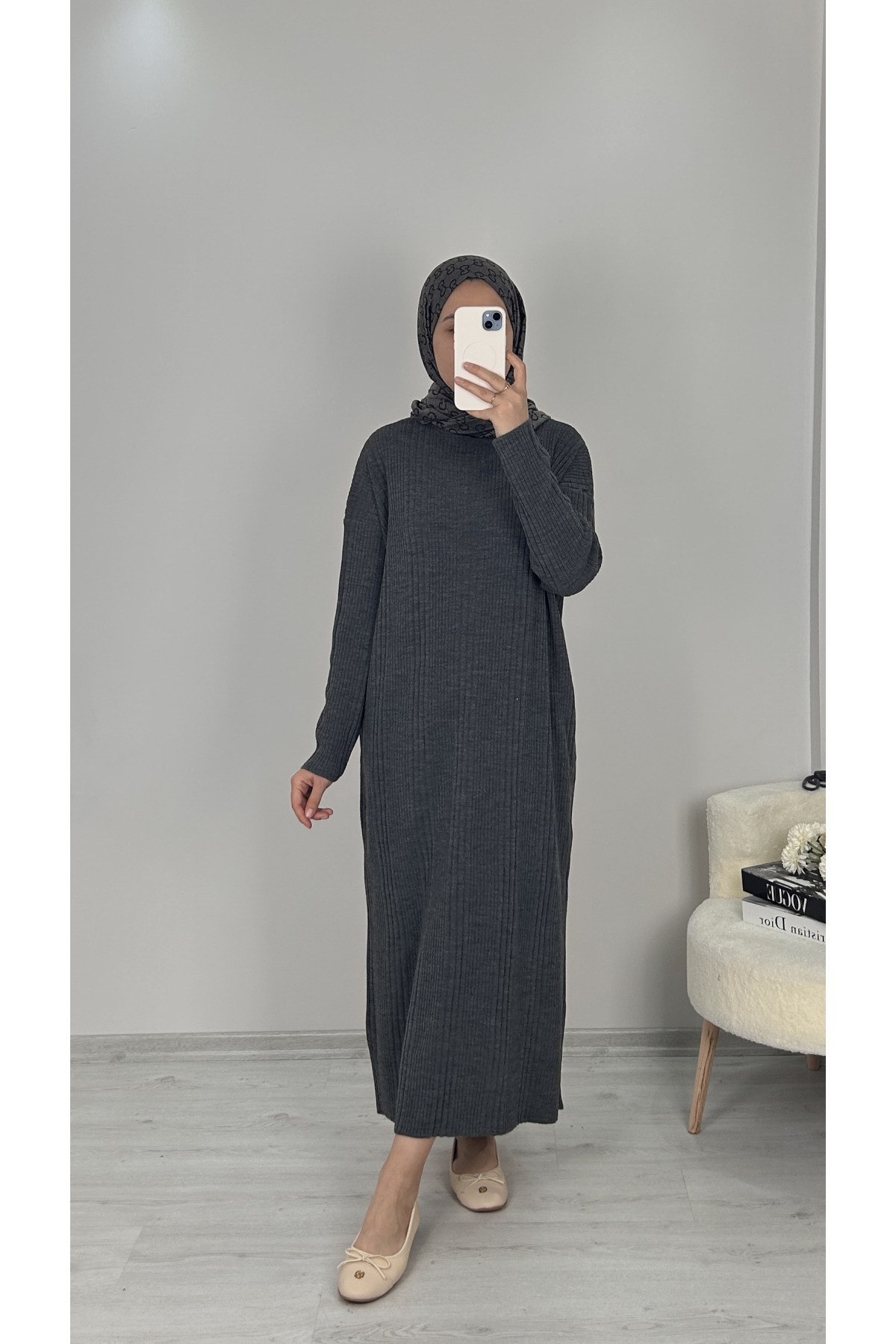 Fitilli Triko Elbise GRİ