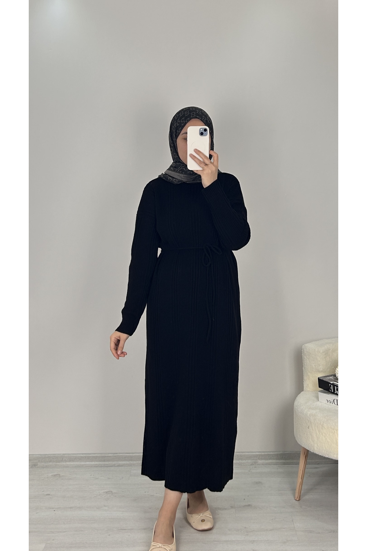 Fitilli Triko Elbise SİYAH