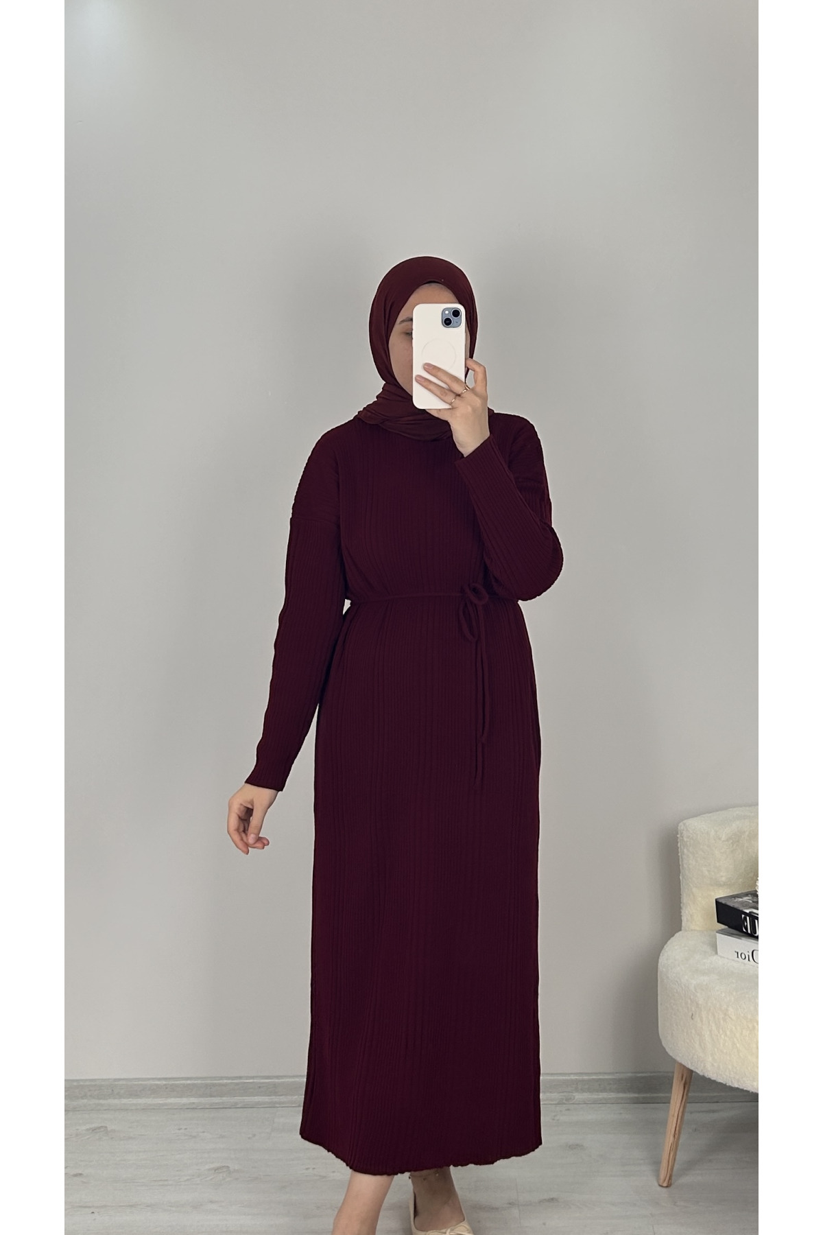 Fitilli Triko Elbise BORDO